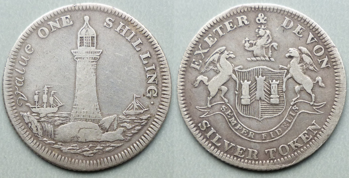 Exeter & Devon, silver shilling, Eddystone lighthouse